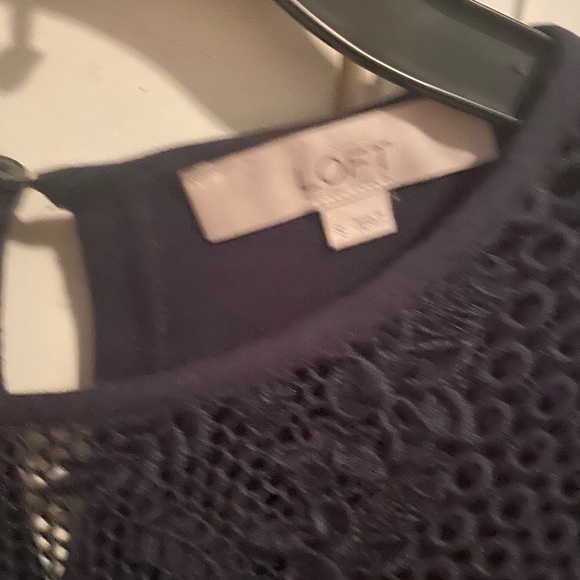 LOFT Dark Navy Blue Dress with Mesh Knit sleeve - Picture 2 of 2
